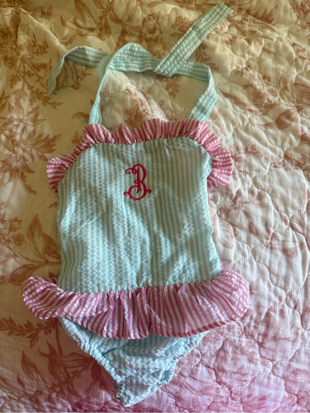 Monogrammed “B” Toddler One-Piece Swim Suit with Pink Ruffles
